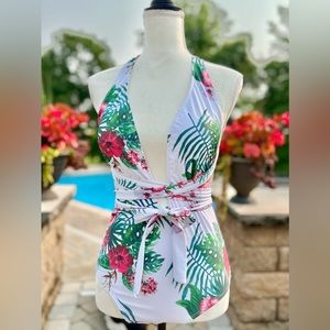 White Tropical Deep V Tie One-Piece Swimsuit